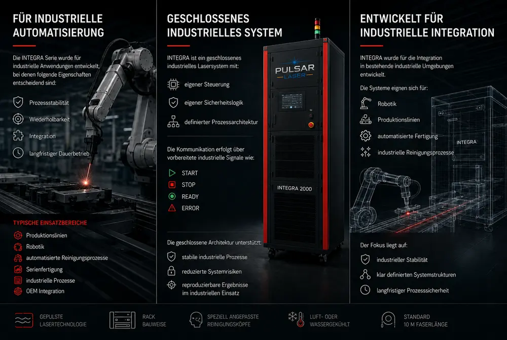 Découvrez le système industriel de nettoyage laser pulsé INTEGRA disponible en versions 300 W, 500 W, 1000 W et 2000 W.<br />Selon la puissance, les systèmes sont refroidis par air ou par eau et conçus pour la robotique et les procédés automatisés.